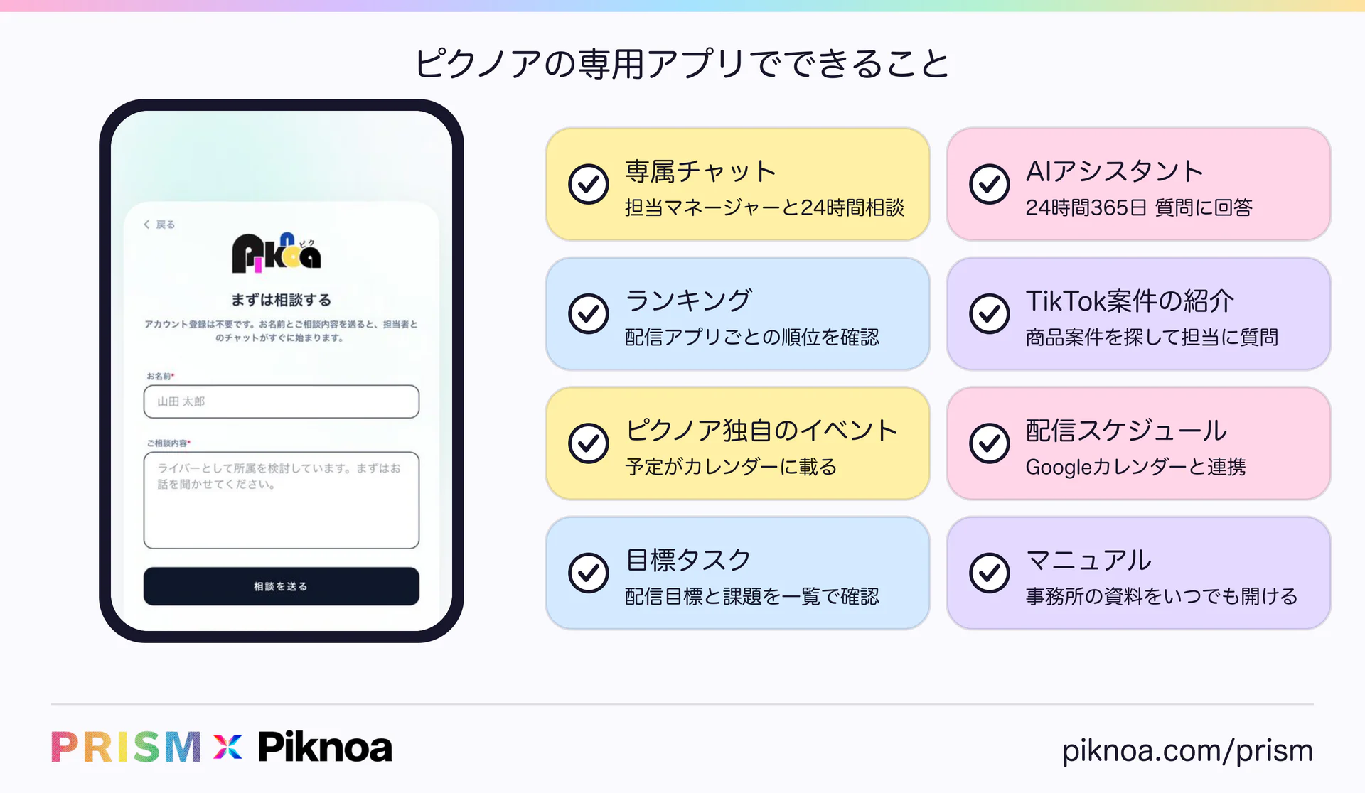 ピクノアの専用アプリでできること。専属チャット、AIアシスタント、ランキング、TikTok案件の紹介、独自イベント、配信スケジュール、目標タスク、マニュアル（PRISM × Piknoa）